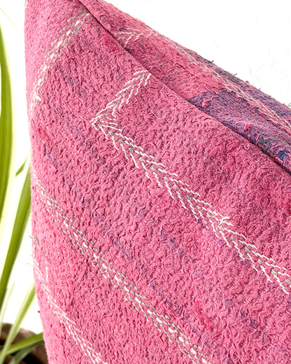 Handmade Vintage Kantha Cushion Cover In Pink With Embroidered Stripes - Large Rectangular