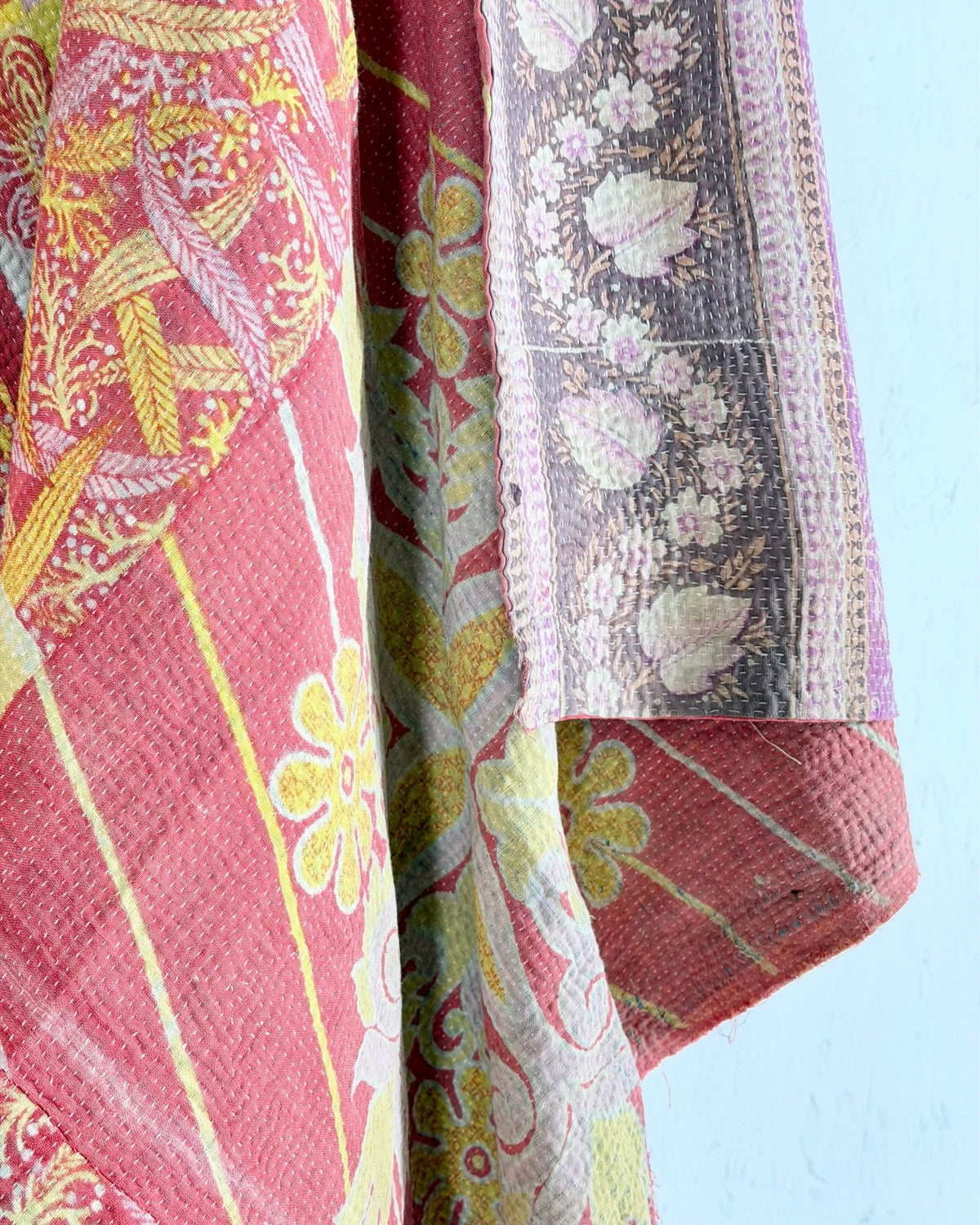 Large Fine Stitched Vintage Kantha Quilt in Pink, Orange and Lilac - Biggs & Hill