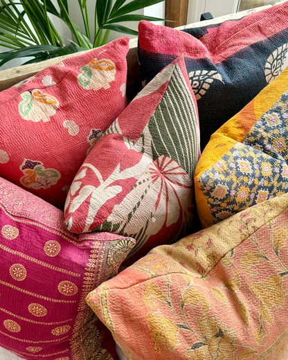 Vintage Kantha Cushion In Pink and Beige - Small Rectangular