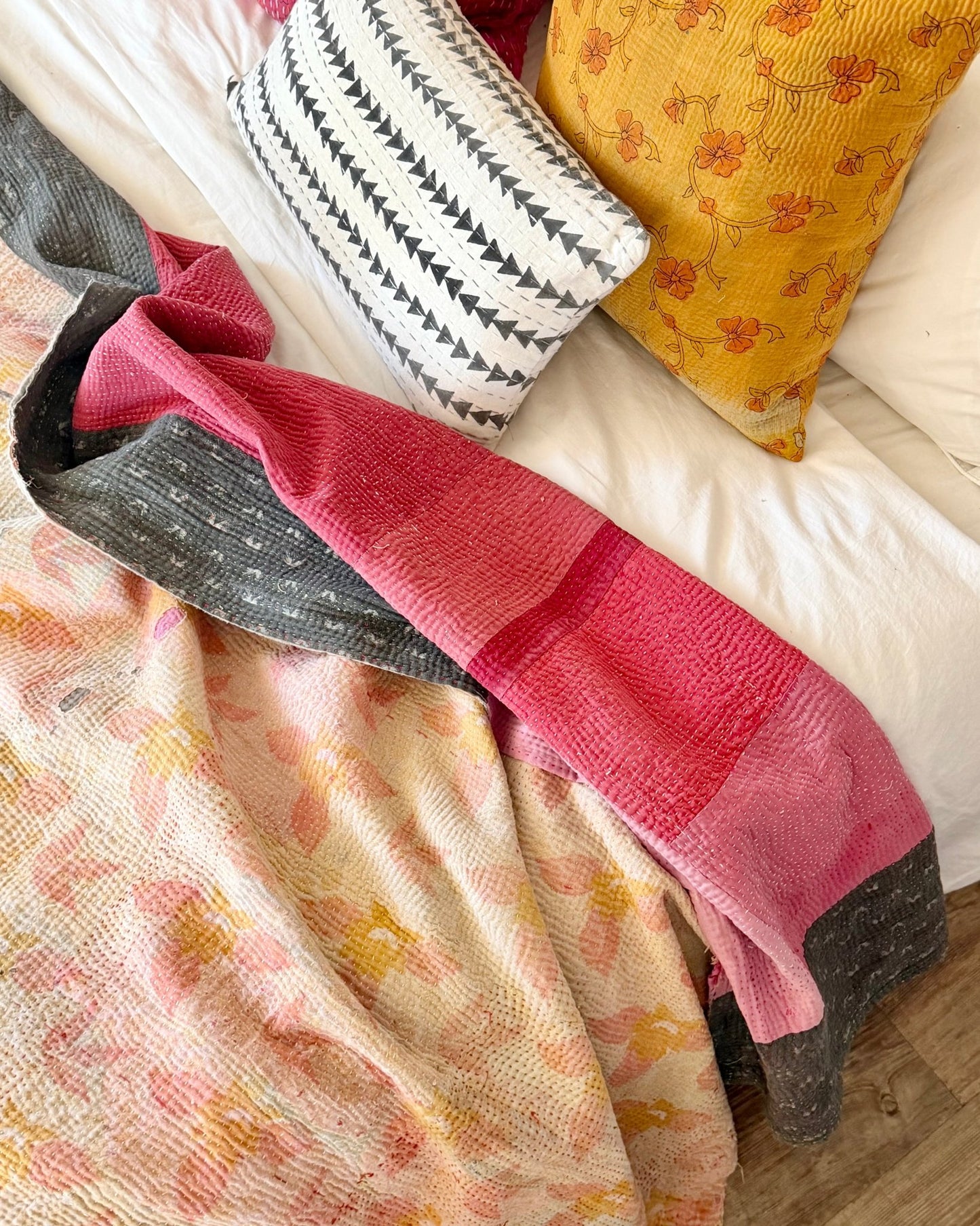Fine Stitched Vintage Kantha Quilt in Vibrant Pink and Grey Patchwork - Biggs & Hill