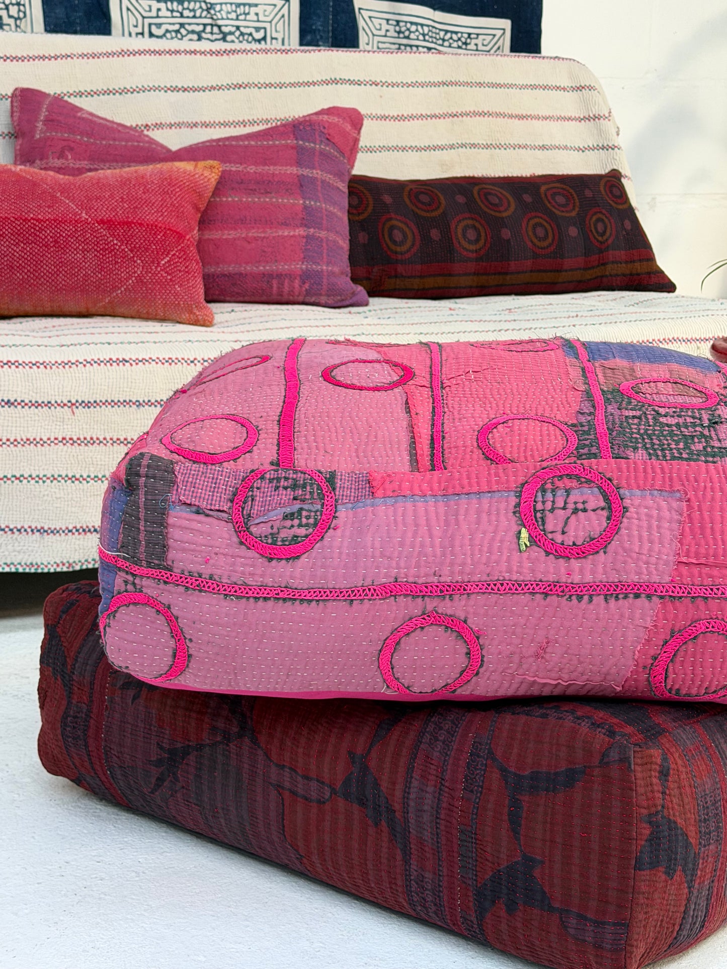 Large Square Kantha Floor Cushion Cover With Pink Circles