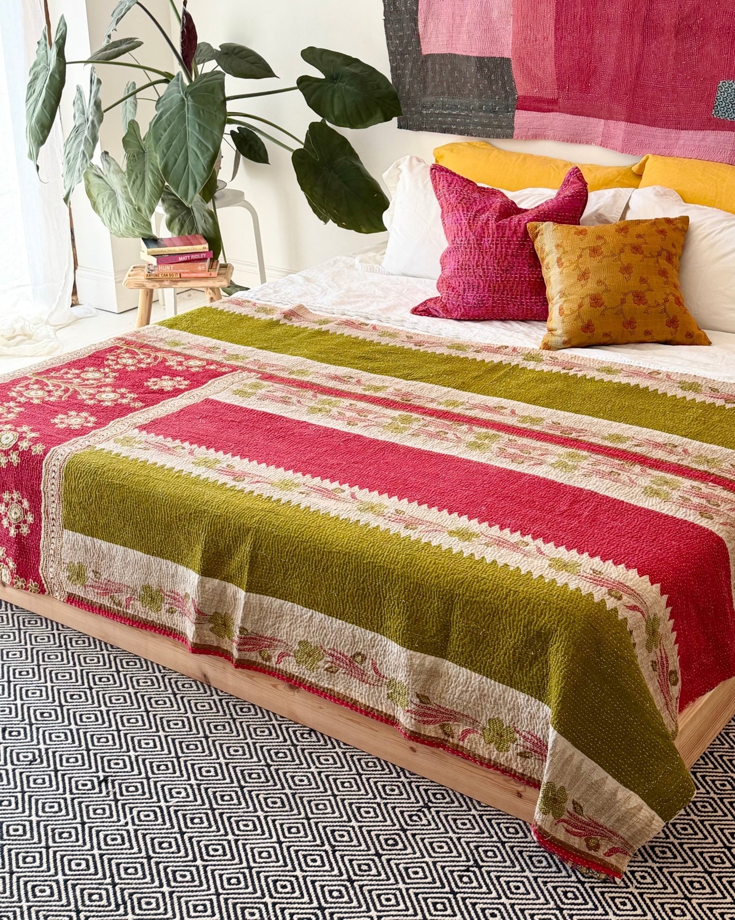 Large Fine Stitched Vintage Kantha Quilt in Pink, Green and Purple Florals - Biggs & Hill
