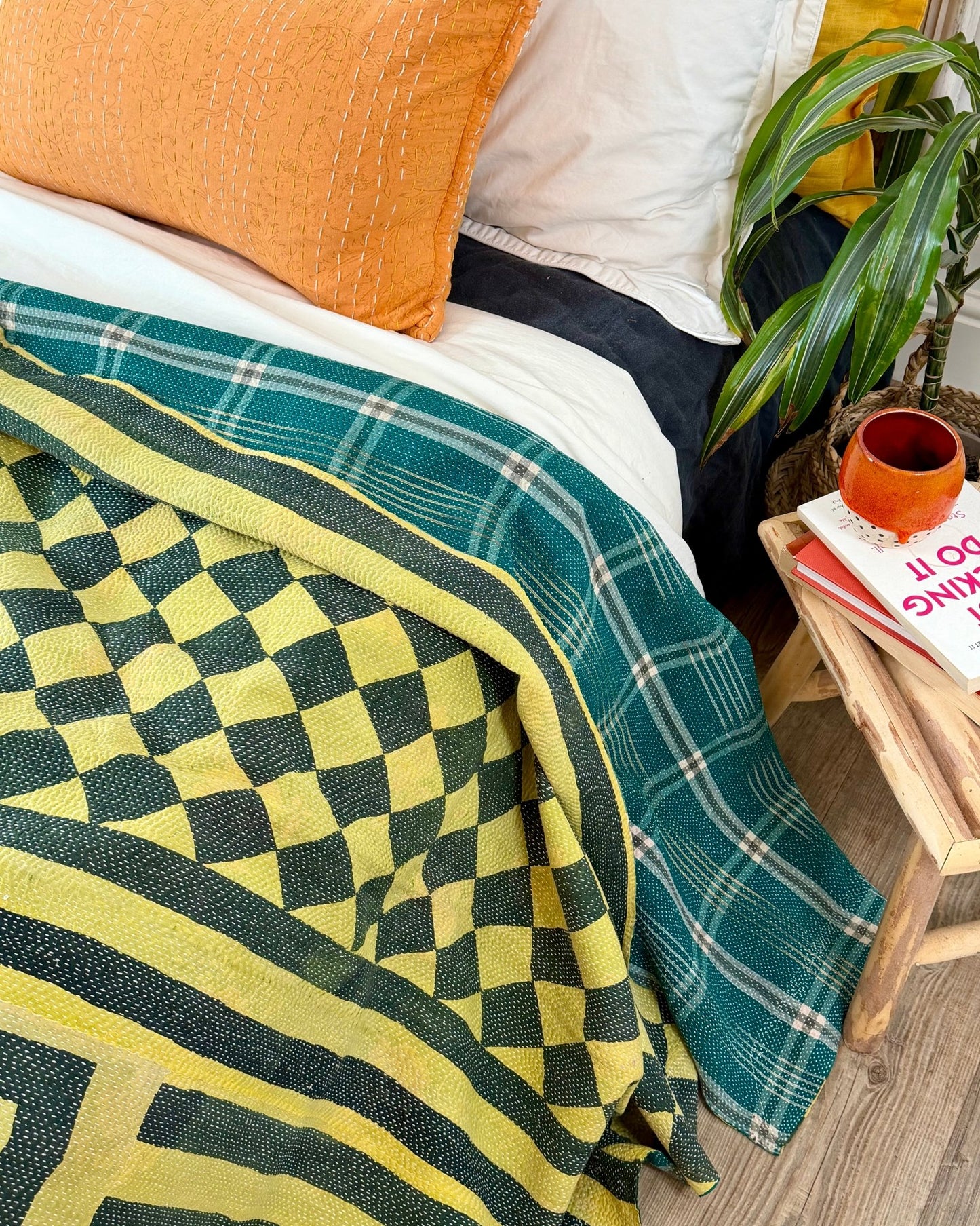 Large Fine Stitched Vintage Kantha Quilt in Diamond Pattern Yellow and Green - Biggs & Hill