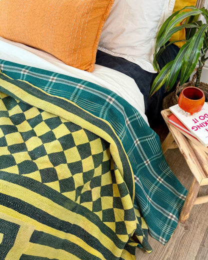 Large Fine Stitched Vintage Kantha Quilt in Diamond Pattern Yellow and Green - Biggs & Hill