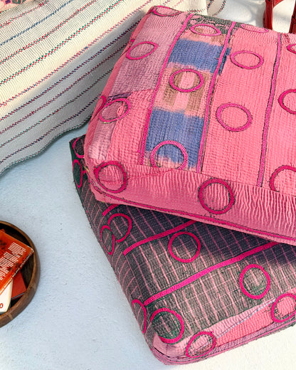Large Square Kantha Floor Cushion Cover With Pink Circles