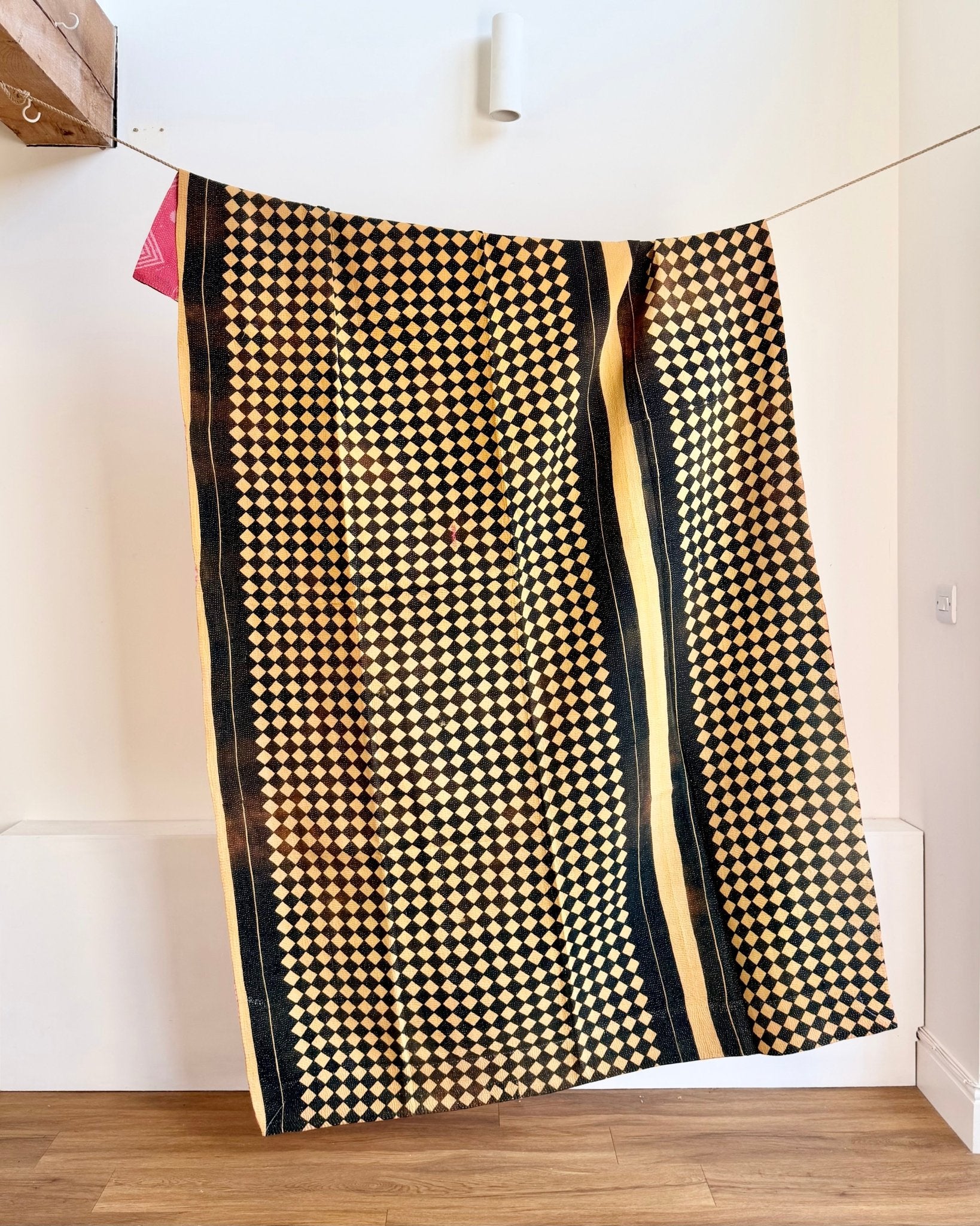 Large Fine Stitched Vintage Kantha Quilt in Chequered Yellow and Black and Pink - Biggs & Hill