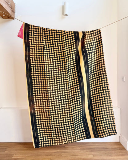 Large Fine Stitched Vintage Kantha Quilt in Chequered Yellow and Black and Pink - Biggs & Hill