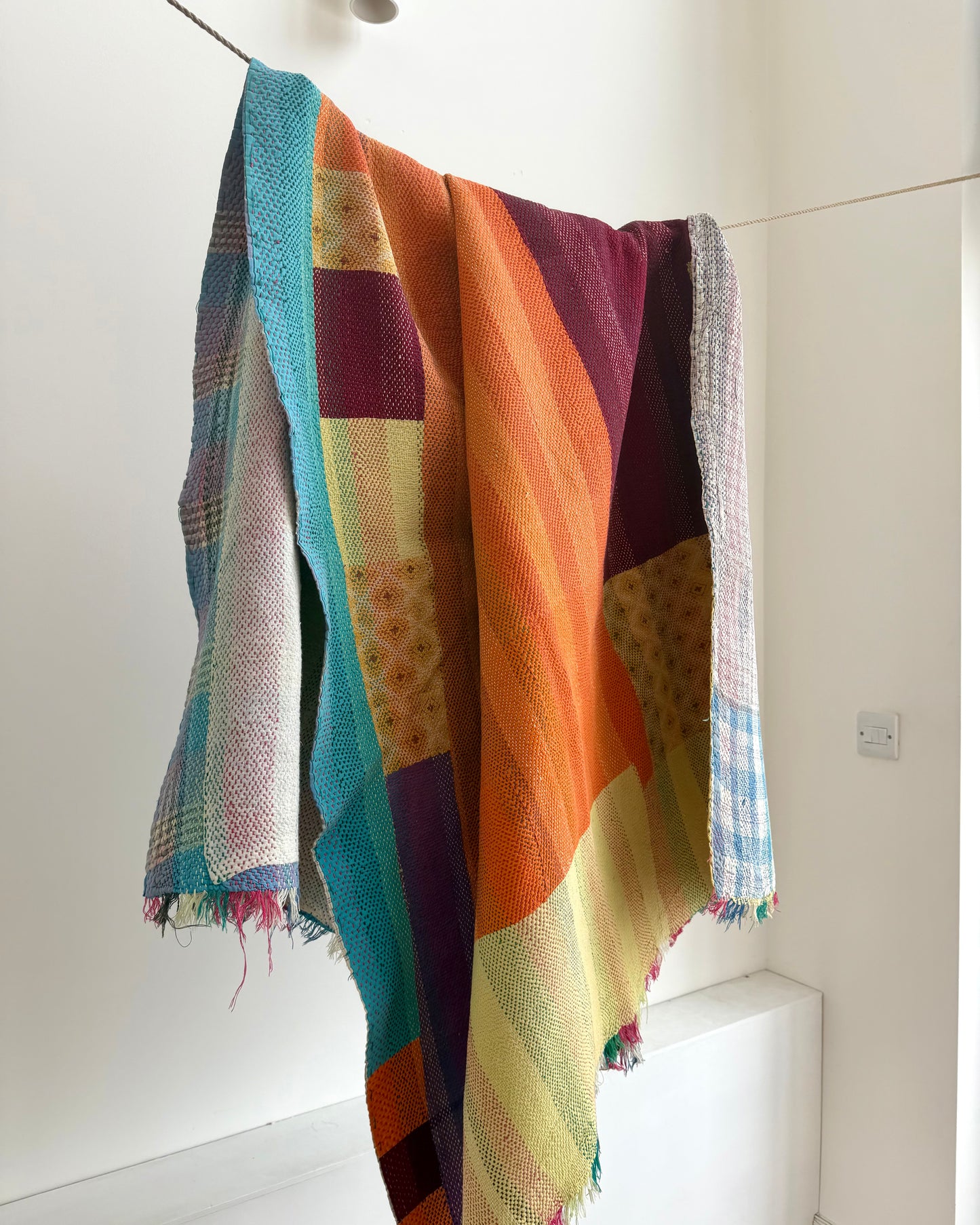 Large Heavy Kantha Blanket Quilt in Pink, Orange and Blue Colour Block