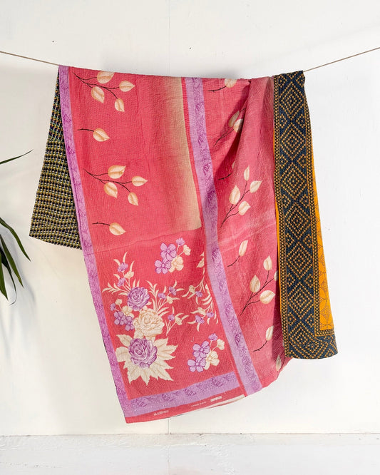 Extra Large Fine Stitched Vintage Kantha Quilt in Pink Floral, Yellow and Blue
