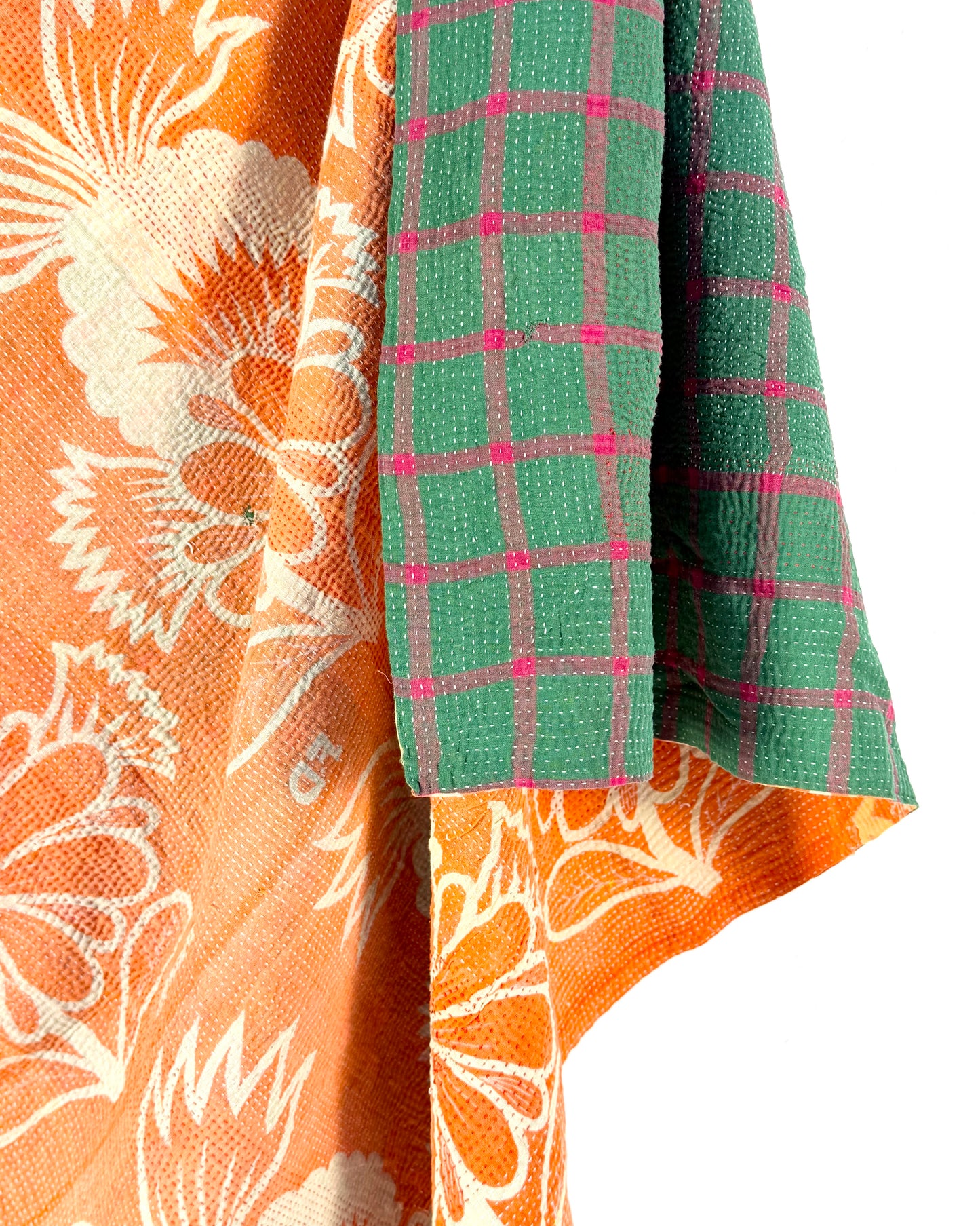 Large Fine Stitched Vintage Kantha Quilt in Orange and Green