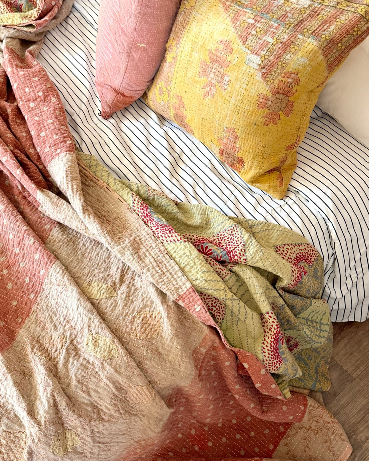 Large Fine Stitched Vintage Kantha Quilt in Soft Green and Brown - FIRST picture - Biggs & Hill