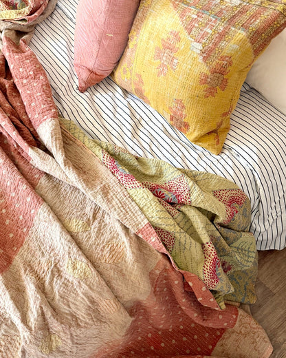 Large Fine Stitched Vintage Kantha Quilt in Soft Green and Brown - FIRST picture - Biggs & Hill