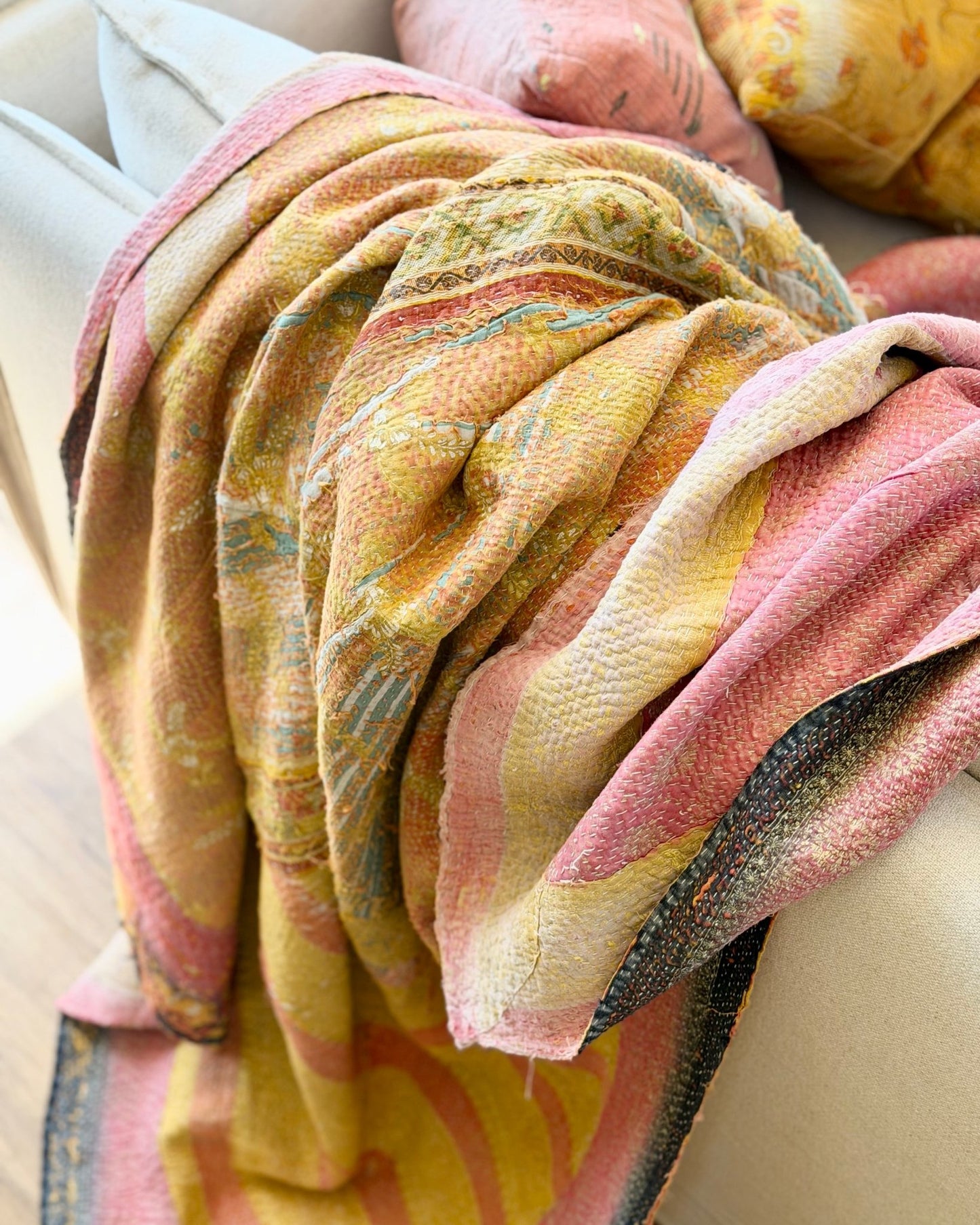 Large Textured Vintage Kantha Quilt In Yellow and Pink - Biggs & Hill