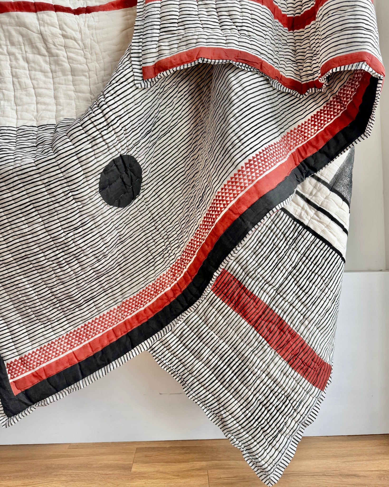 Quilted Kantha With Sun Pattern In Black, White and Red - KING - Biggs & Hill