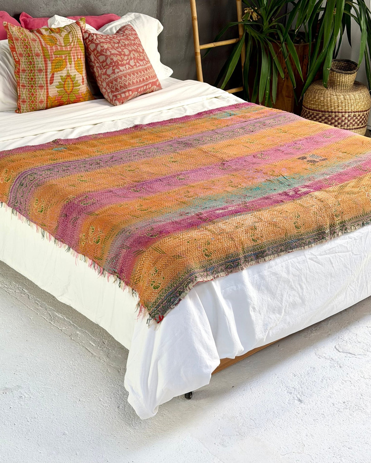 Textured Vintage Kantha Quilt in Pink and Yellow Stripes - Biggs & Hill