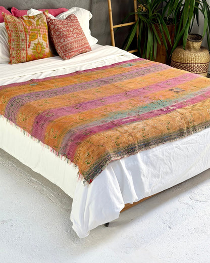 Textured Vintage Kantha Quilt in Pink and Yellow Stripes - Biggs & Hill