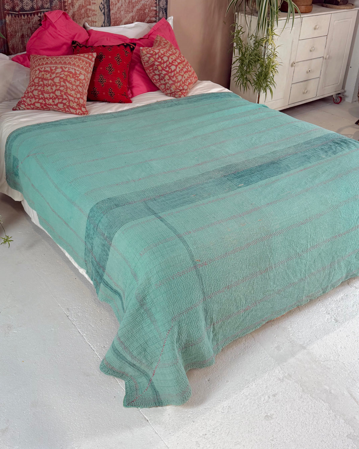 Large Embroidered Vintage Kantha Quilt in Pink, Green and Blue