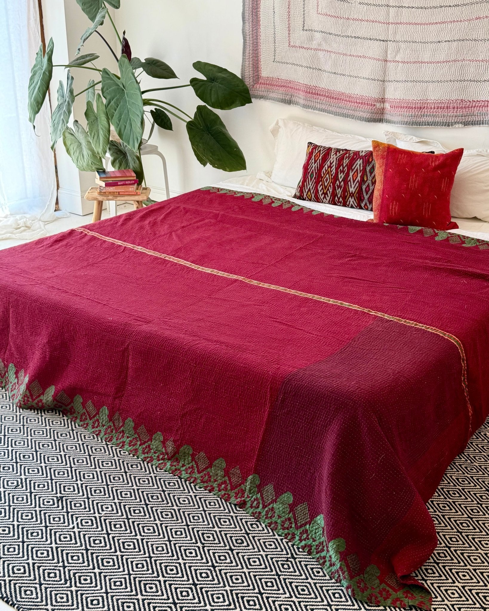 Extra Large Ajrakh Printed Vintage Kantha Quilt In Deep Red - Biggs & Hill