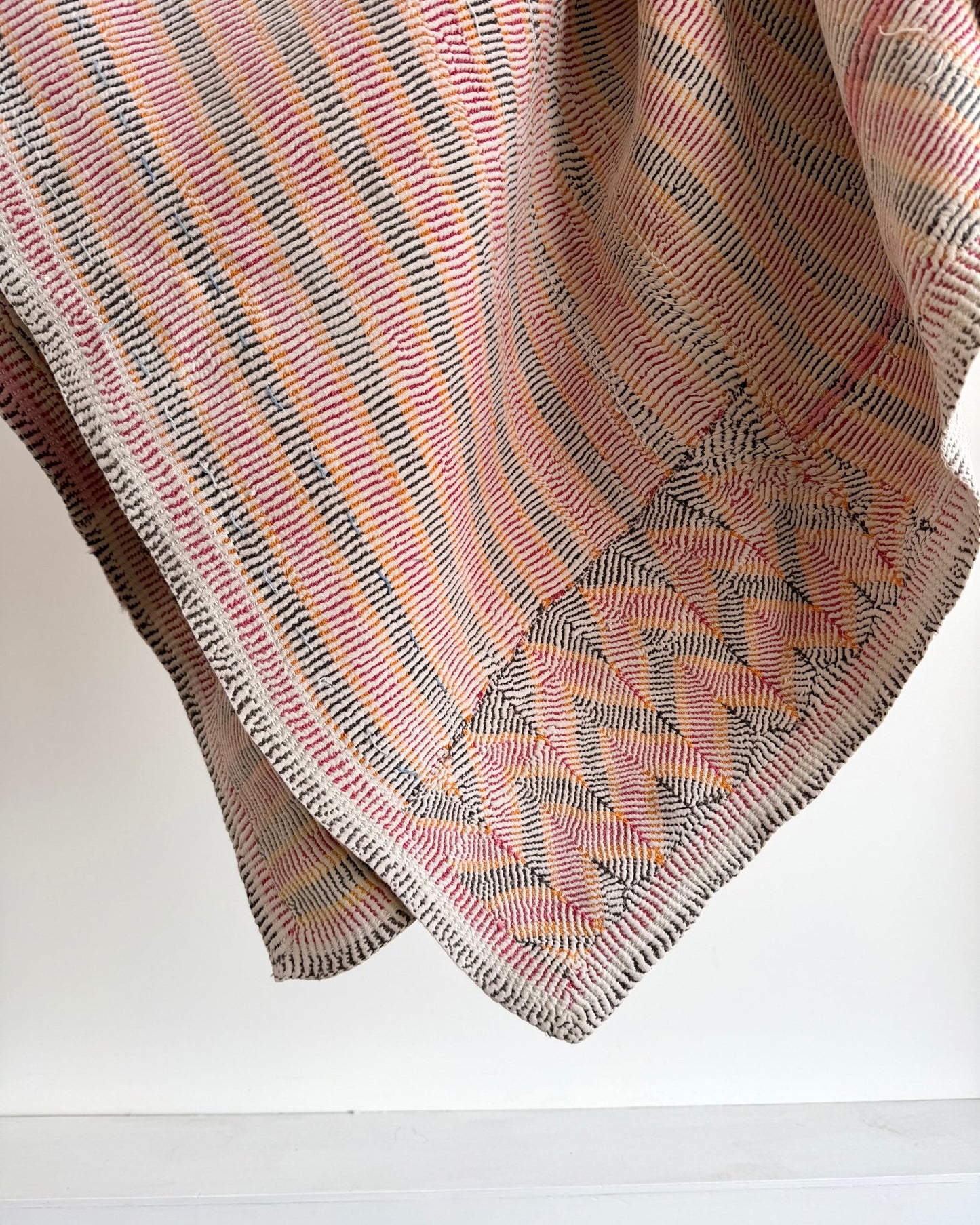 Small Heavy Vintage Lohori Kantha Quilt in Pink and Yellow Stripes - Biggs & Hill