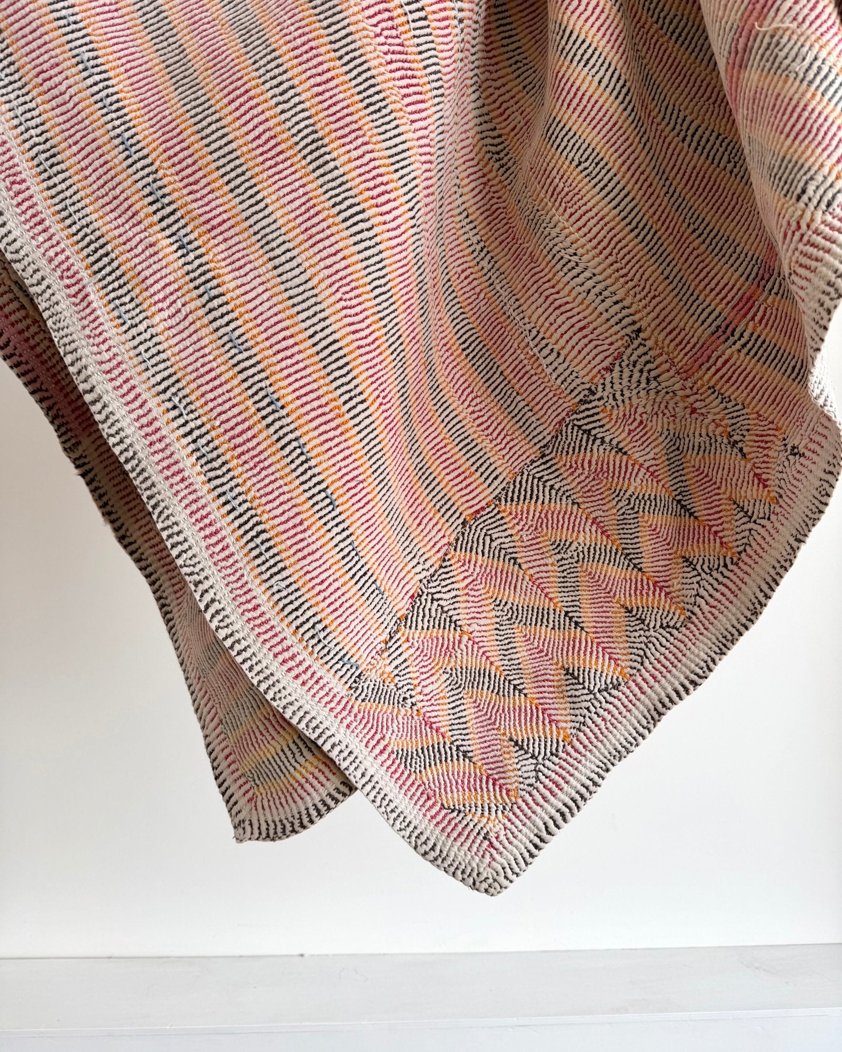 Small Heavy Vintage Lohori Kantha Quilt in Pink and Yellow Stripes - Biggs & Hill
