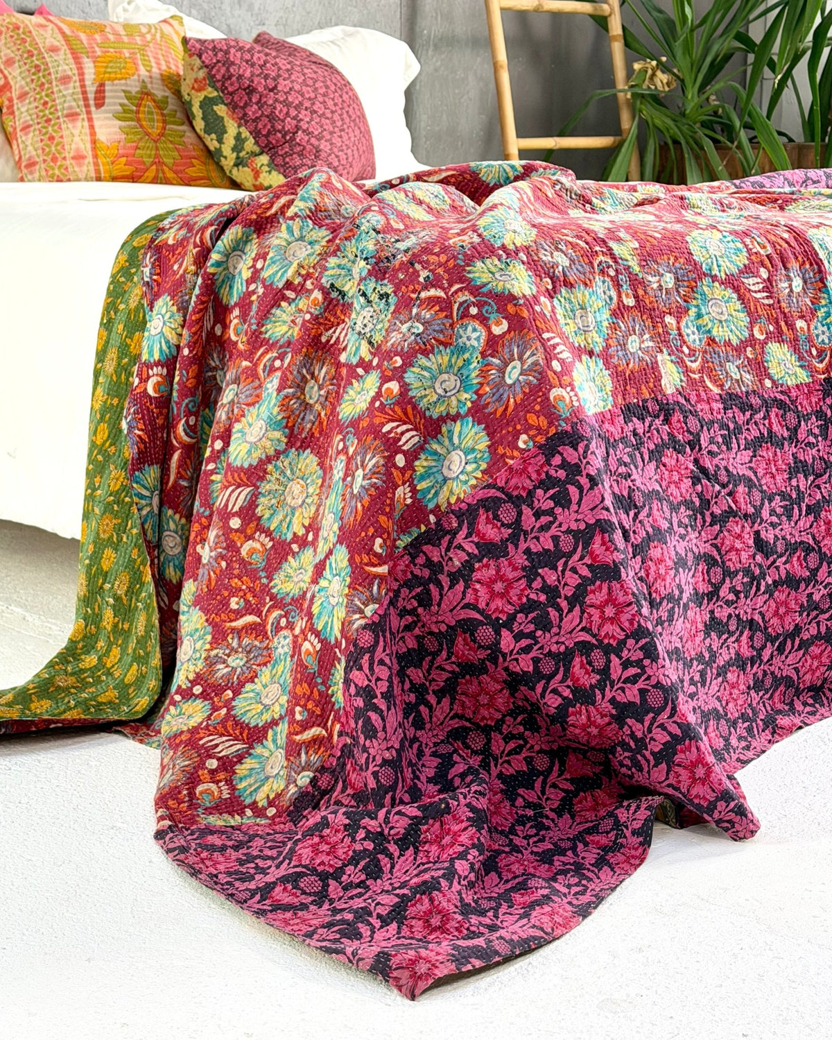 Large Fine Stitched Vintage Kantha Quilt in Bright Pink and Green - Biggs & Hill