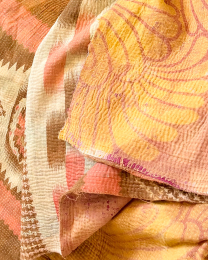 Large Fine Stitched Vintage Kantha Quilt in Peachy Pink Geometrics