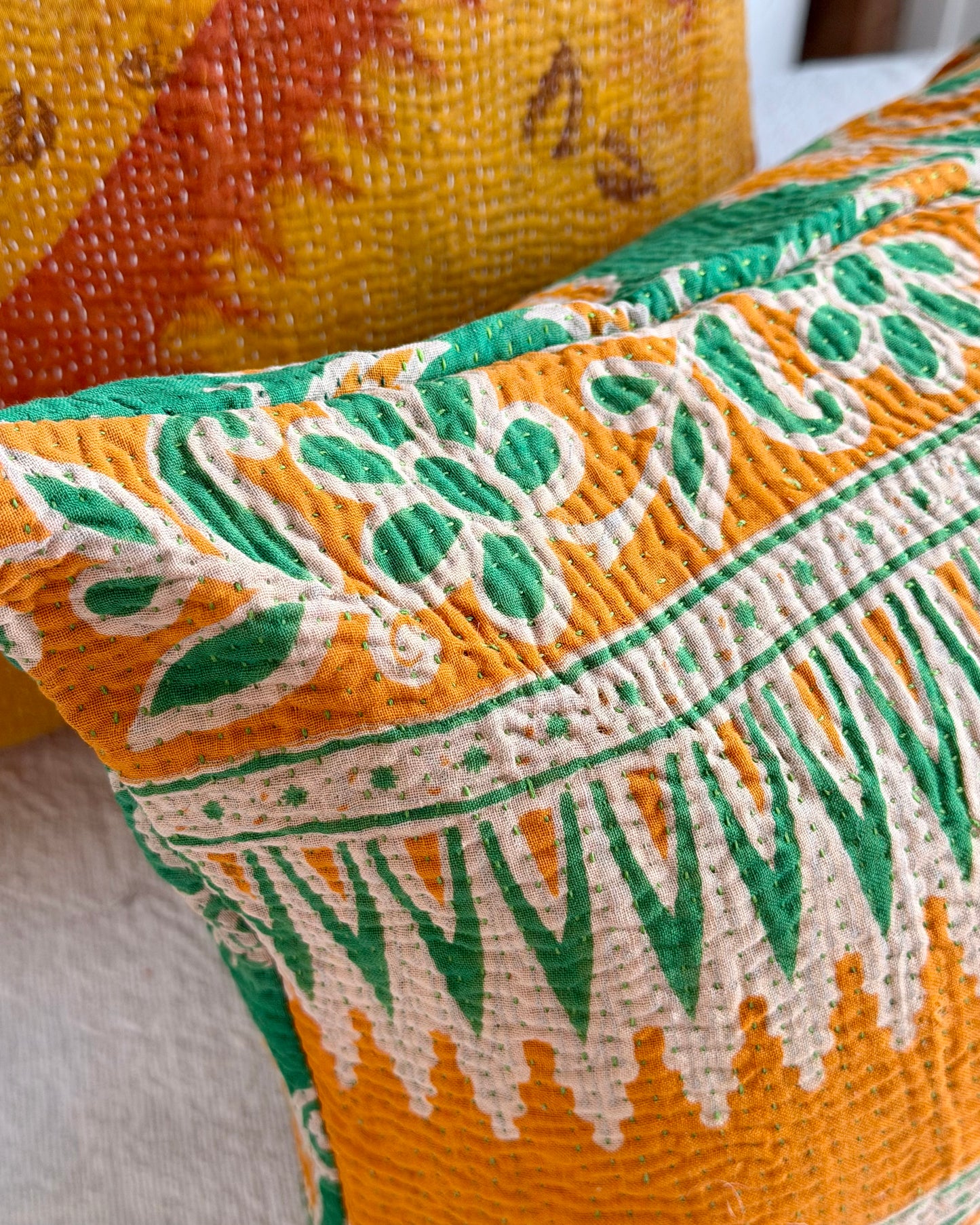 Vintage Kantha Cushion In Green and Orange - Small Rectangular