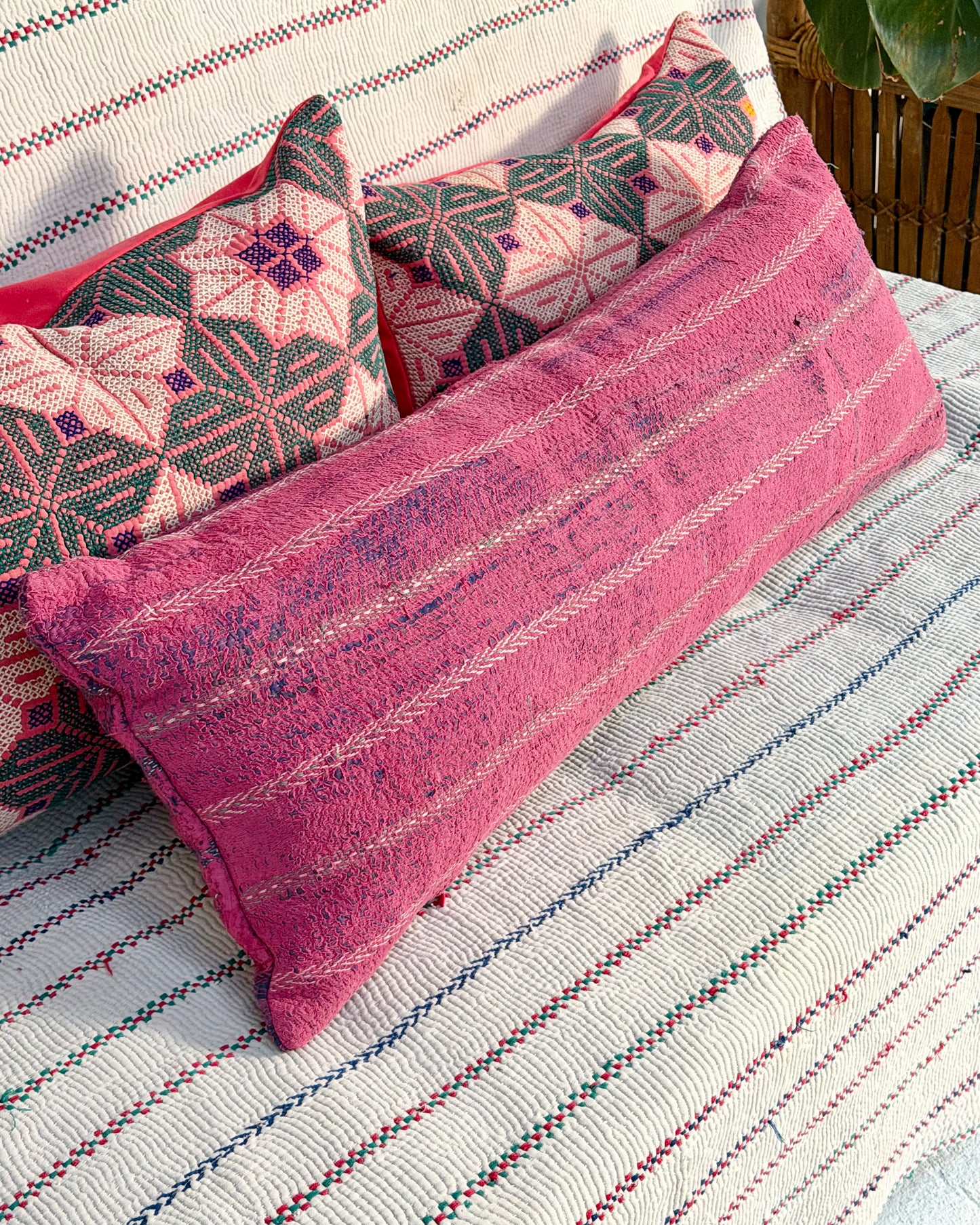 Vintage Kantha Bolster Cushion Cover In Pink With Embroidered Stripes - 80cm