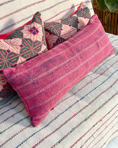 Vintage Kantha Bolster Cushion Cover In Pink With Embroidered Stripes - 80cm