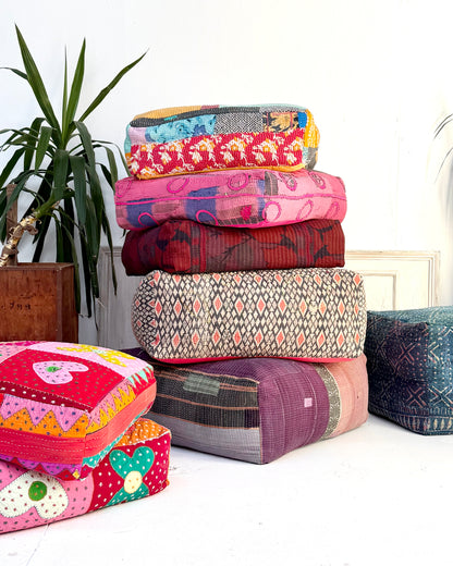 Large Square Kantha Floor Cushion Cover With Pink Circles