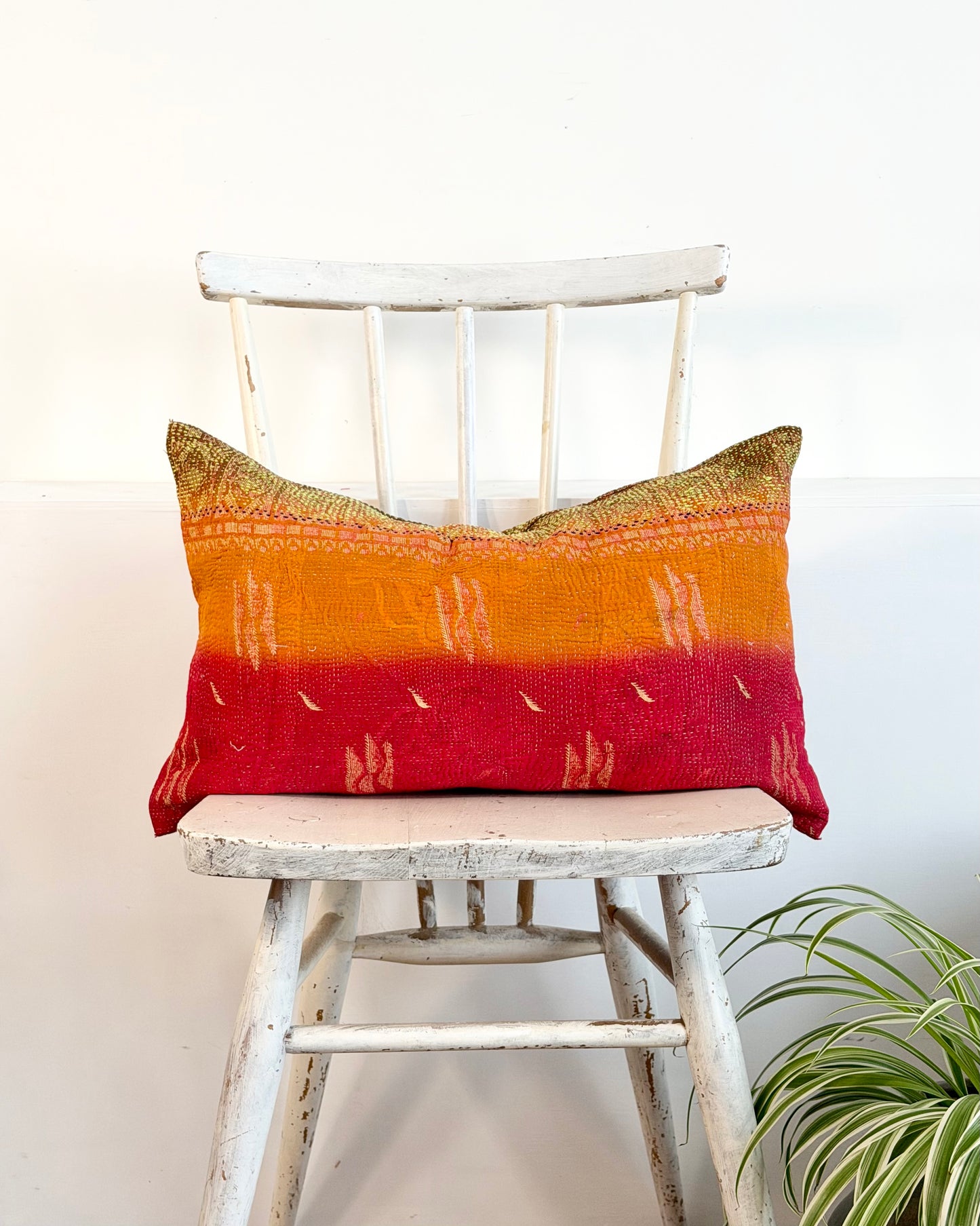 Vintage Kantha Cushion In Red Orange and Green - Small Rectangular