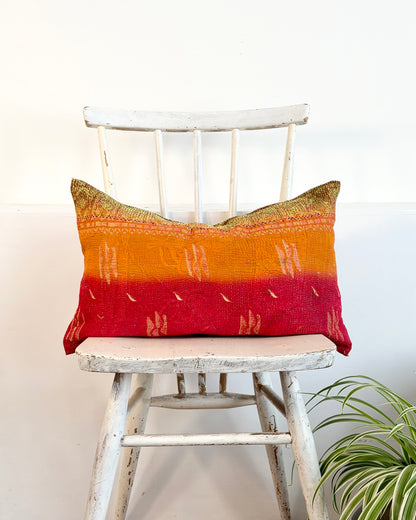 Vintage Kantha Cushion In Red Orange and Green - Small Rectangular