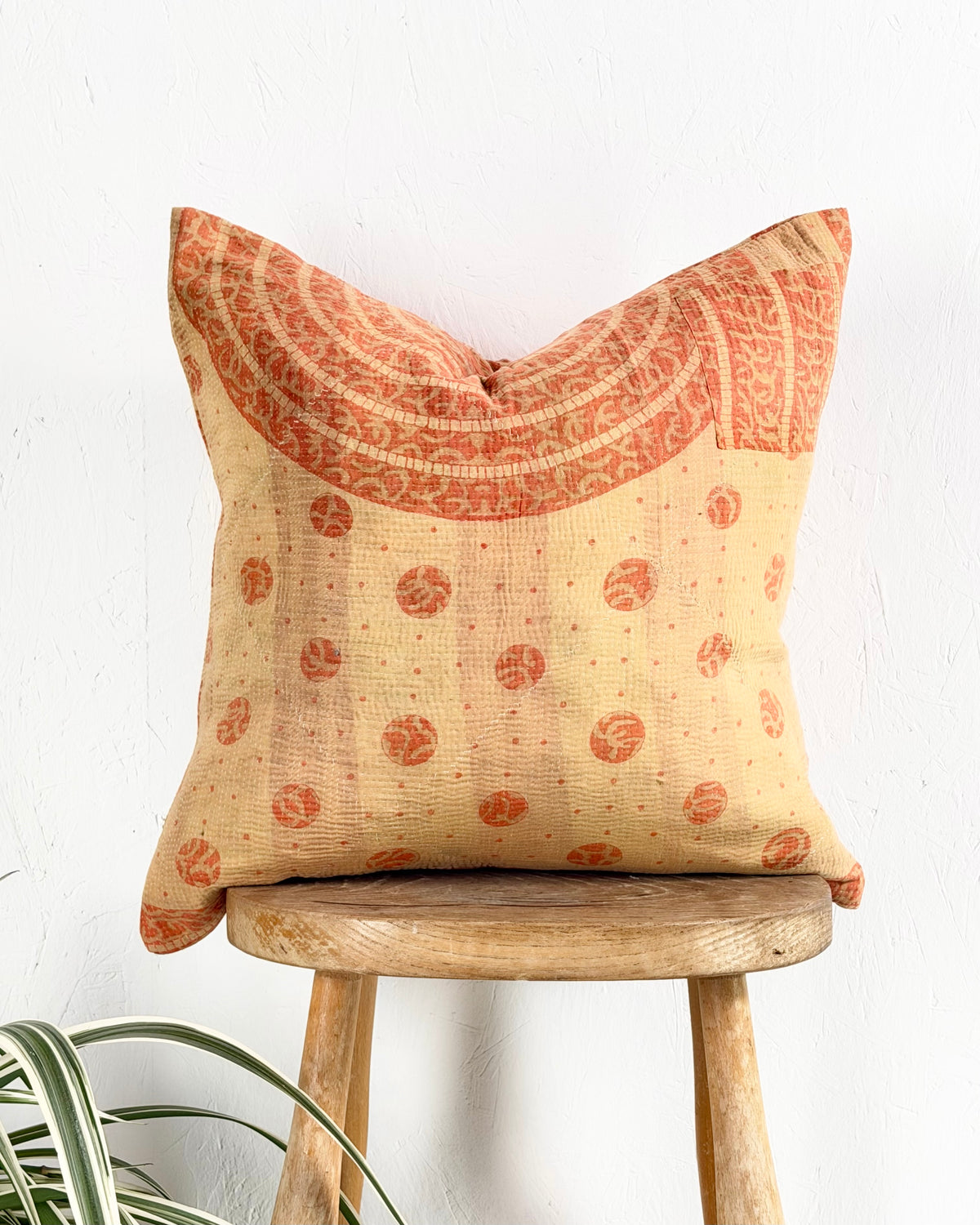 Handmade Vintage Kantha Cushion Cover In Orange and Beige - 45cm (18") Square