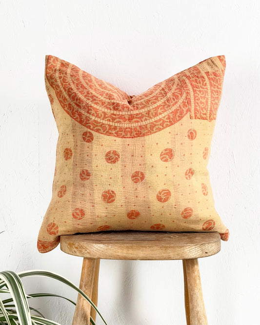 Handmade Vintage Kantha Cushion Cover In Orange and Beige - 45cm (18") Square - Biggs & Hill