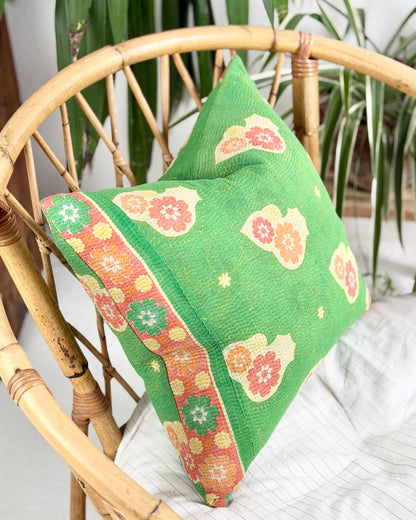 Handmade Vintage Kantha Cushion Cover In Green Floral - 45cm (18") Square