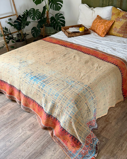 Large Textured Vintage Kantha Quilt In Soft Yellow and Orange