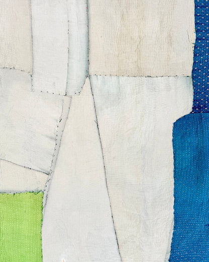 Fine Stitched Vintage Kantha Quilt in Patchwork Blue, White and Green - Biggs & Hill