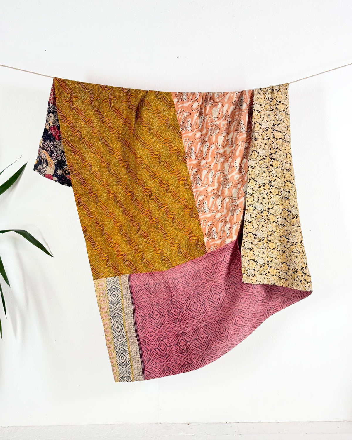 Fine Stitched Vintage Kantha Quilt in Peachy Pink and Mustard - Biggs & Hill