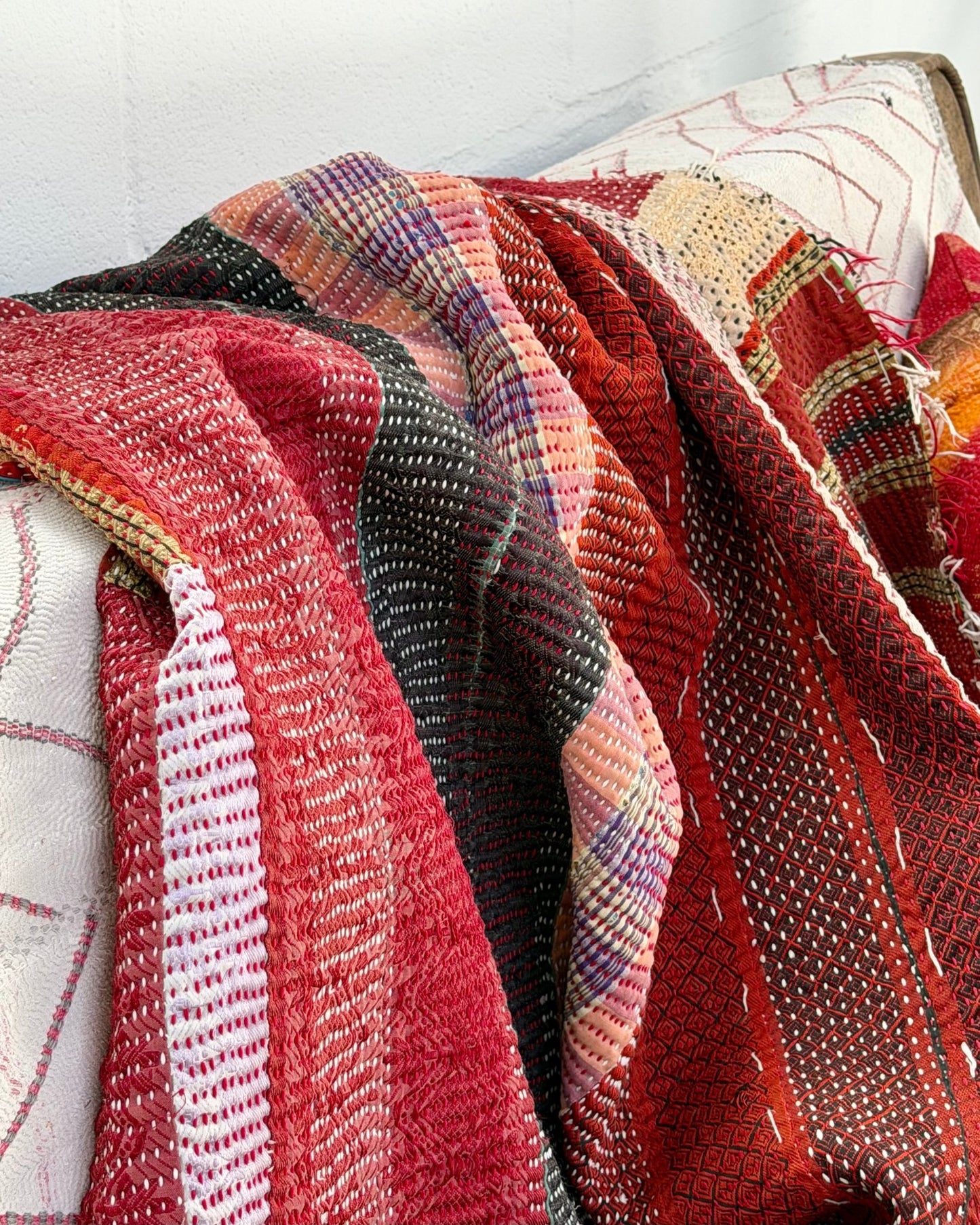 Heavy Kantha Blanket Quilt With Red Stripes And Green Back - Biggs & Hill