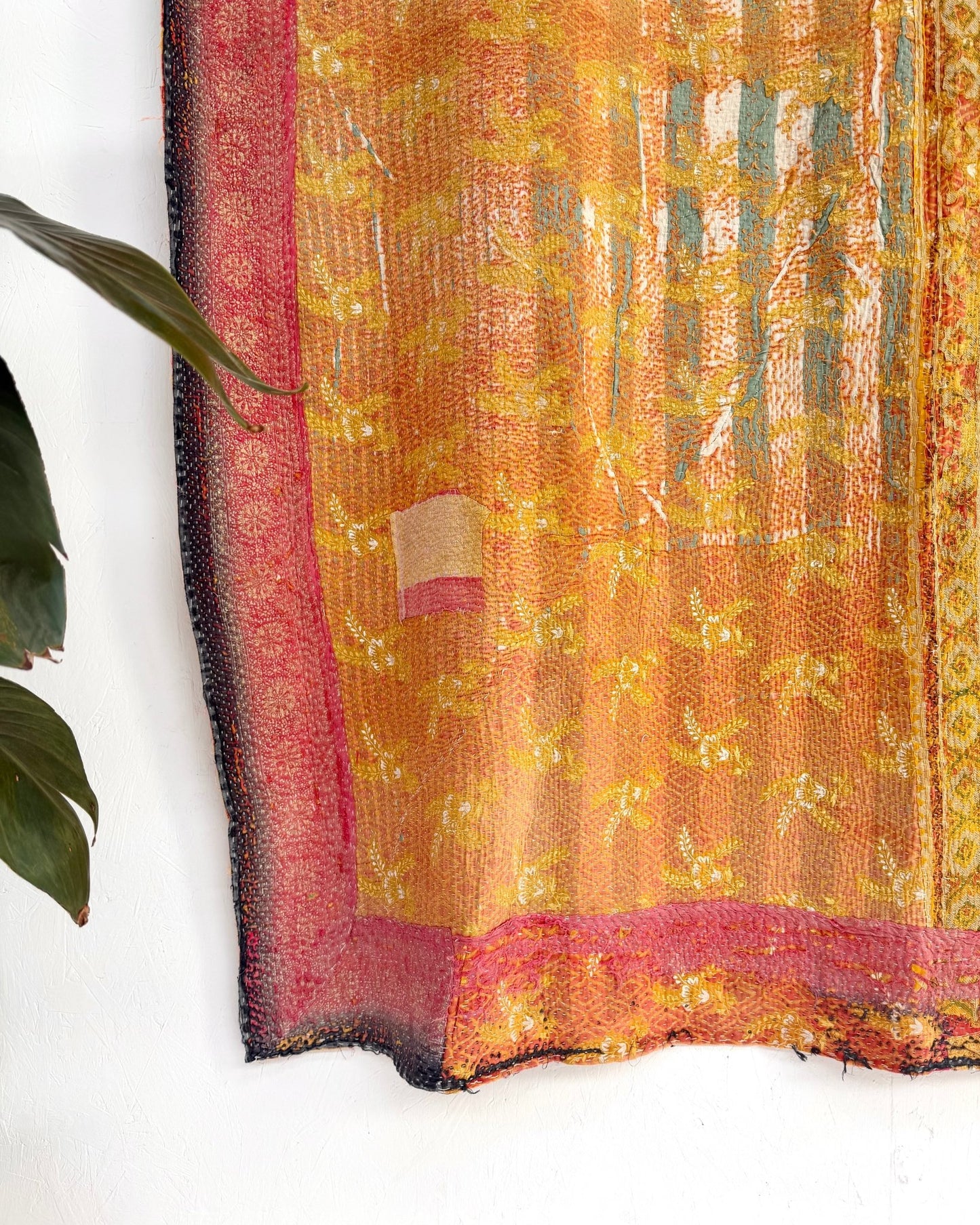 Large Textured Vintage Kantha Quilt In Yellow and Pink - Biggs & Hill