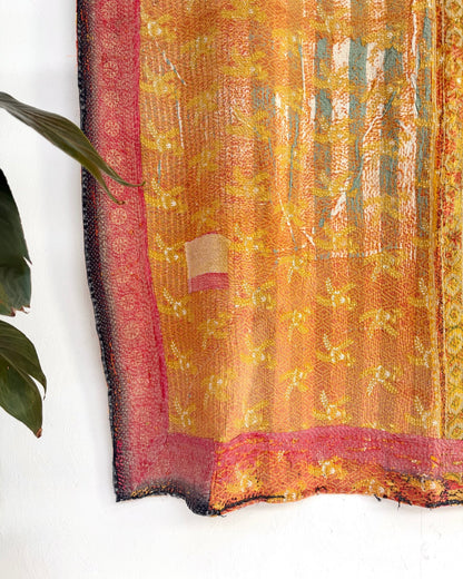 Large Textured Vintage Kantha Quilt In Yellow and Pink - Biggs & Hill