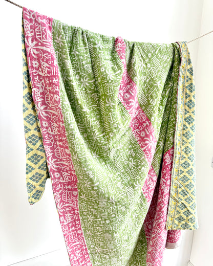Vintage Cotton Kantha Quilt In Green and Pink #45