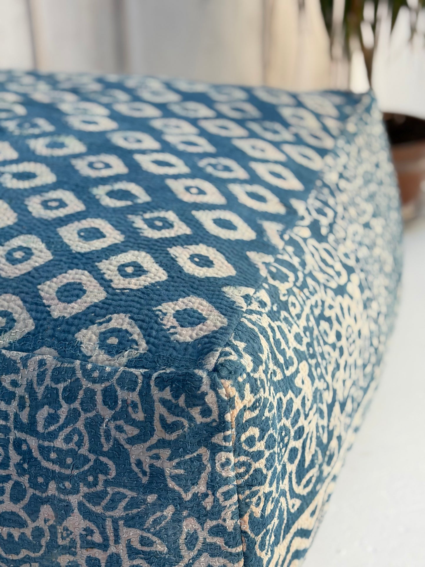 Extra Large Square Kantha Pouf Cushion Cover in Indigo Block Print