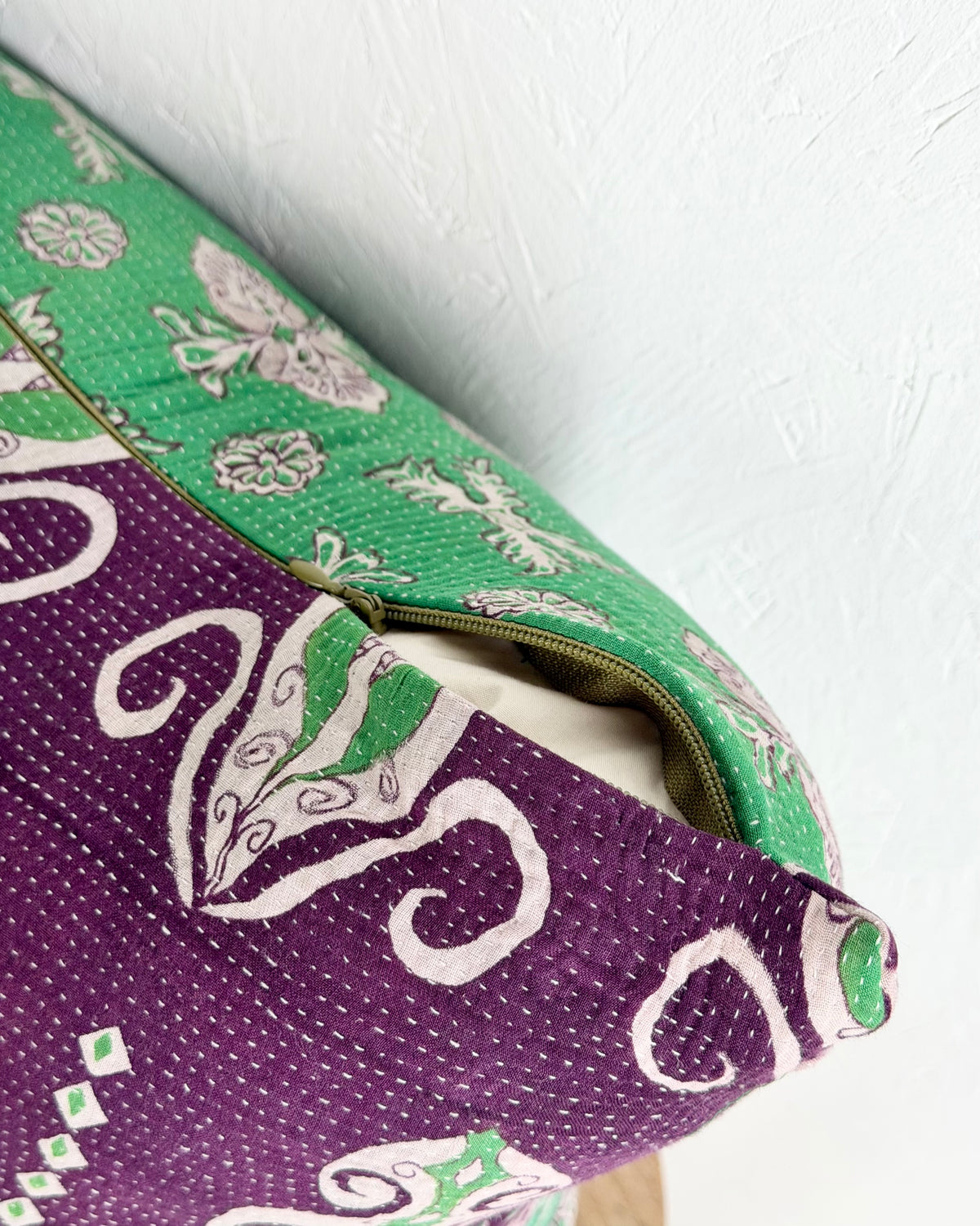 Handmade Vintage Kantha Cushion Cover In Green and Purple - 45cm (18") Square