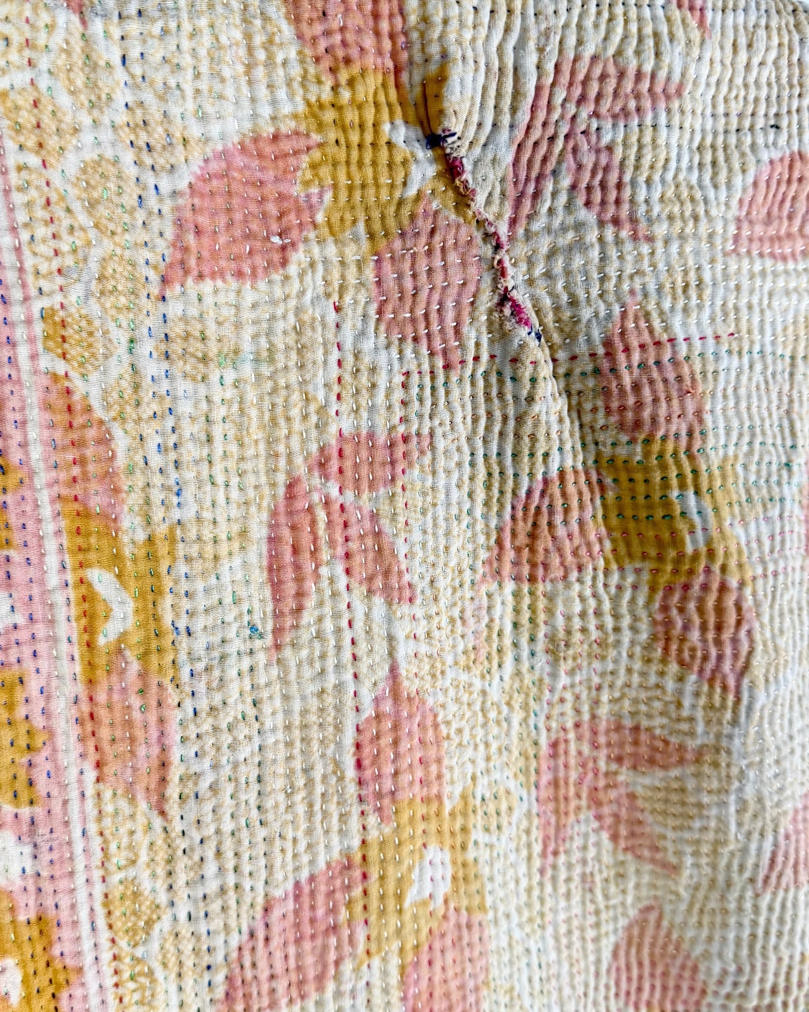 Fine Stitched Vintage Kantha Quilt in Vibrant Pink and Grey Patchwork - Biggs & Hill