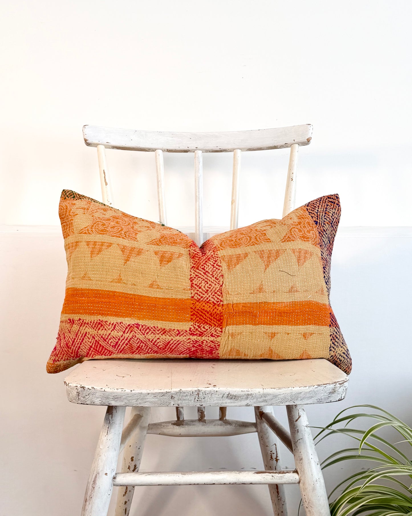 Vintage Kantha Cushion In Orange and Green - Small Rectangular