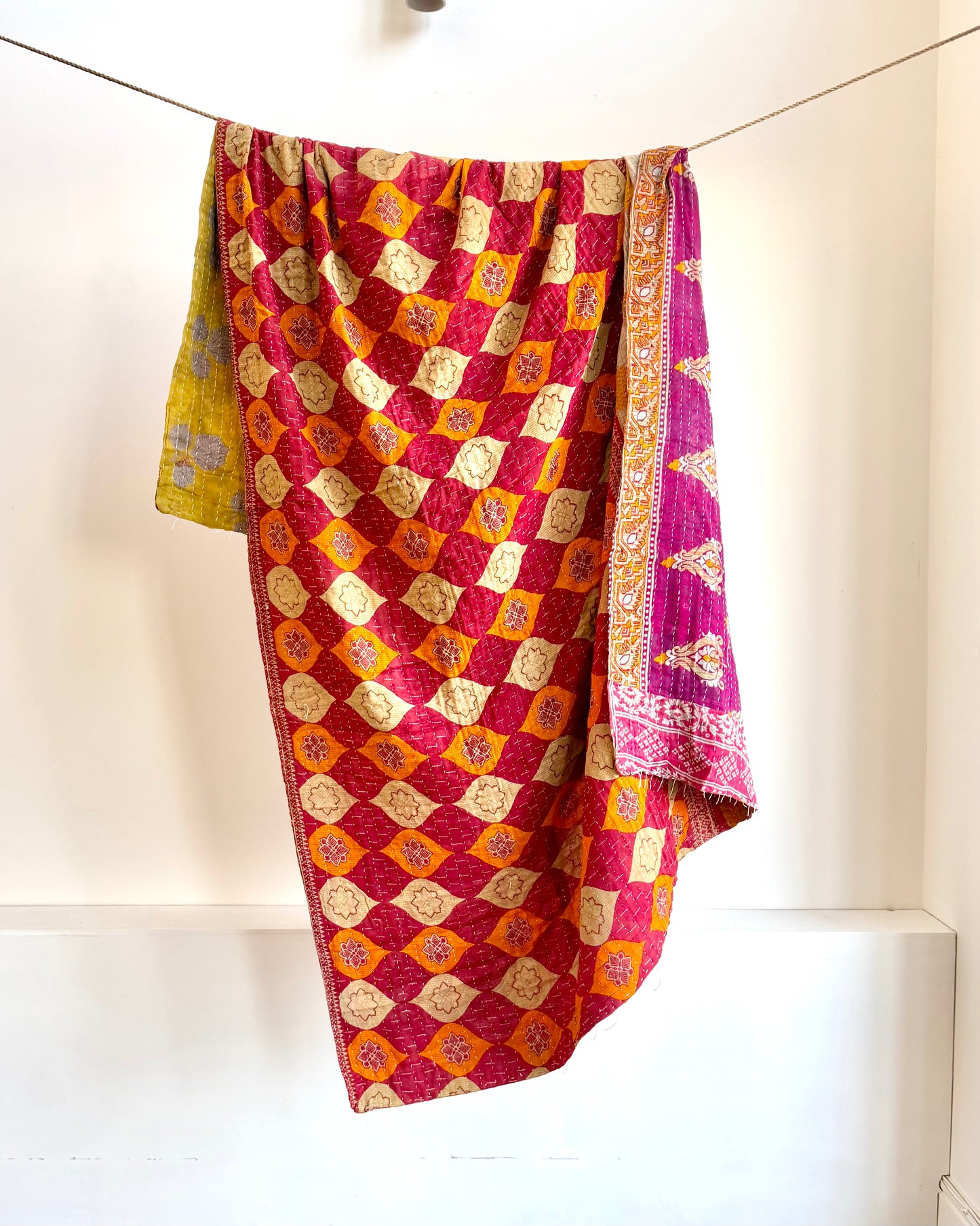 Vintage Cotton Kantha Quilt With Pink And Orange Diamond Pattern #40