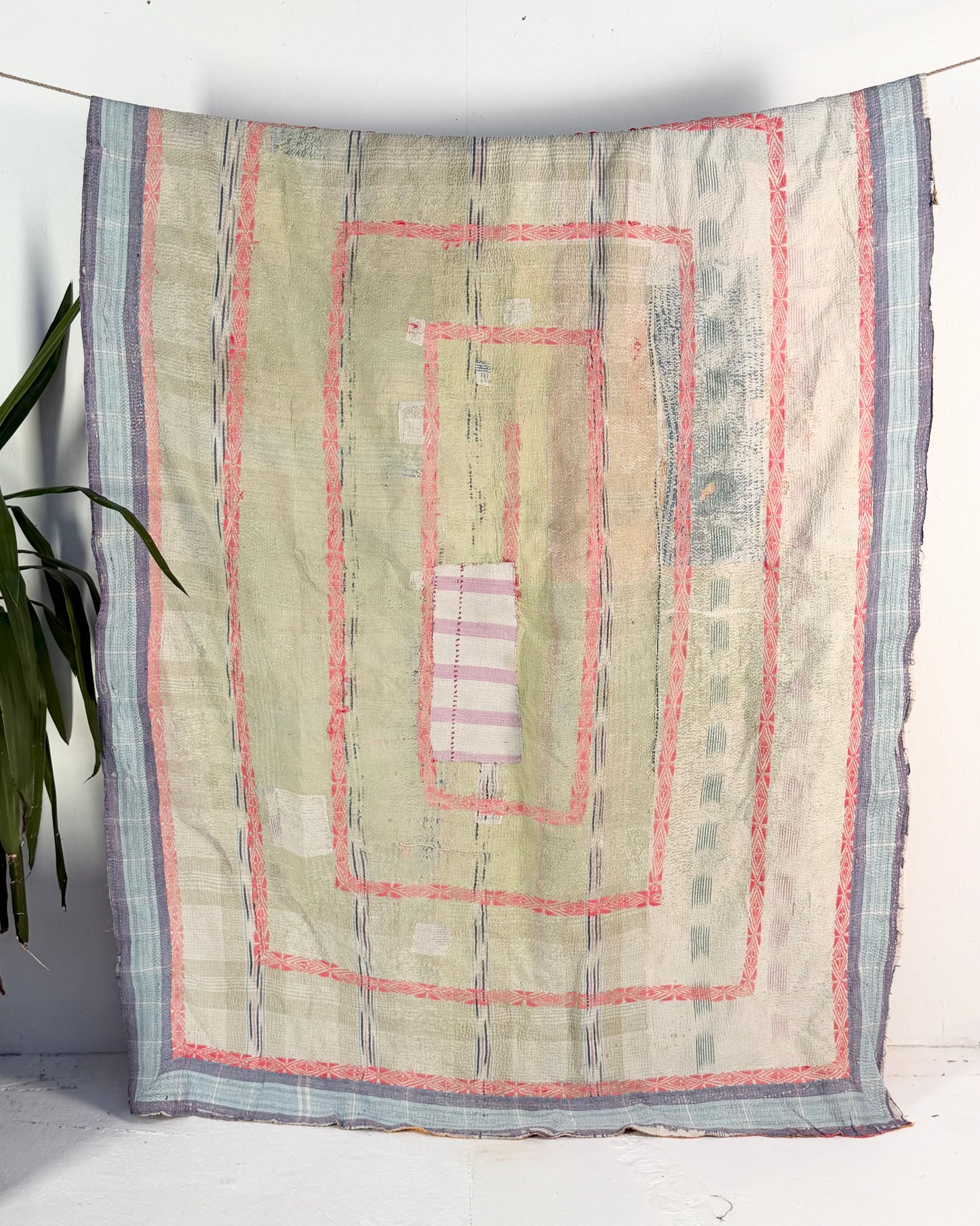 Embroidered Vintage Kantha Quilt in Yellow, Pink and White