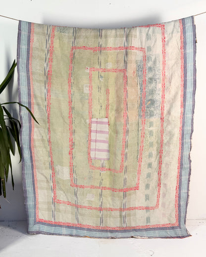 Embroidered Vintage Kantha Quilt in Yellow, Pink and White