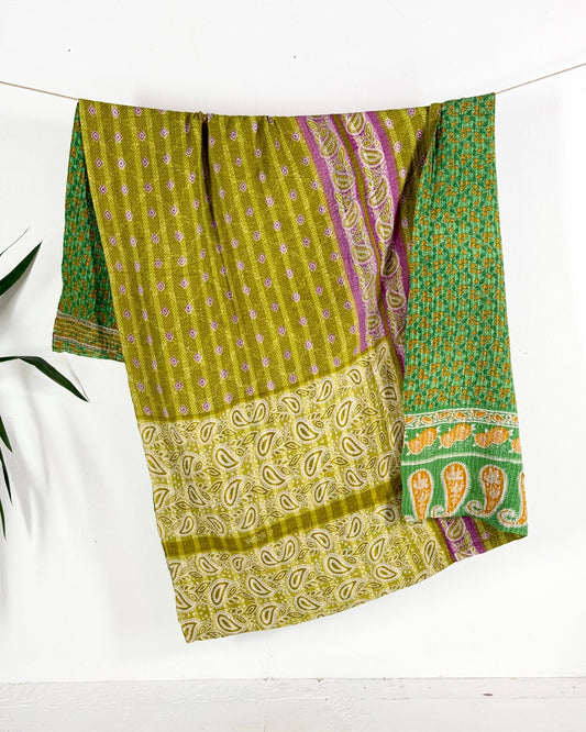 Large Fine Stitched Vintage Kantha Quilt in Green - Biggs & Hill